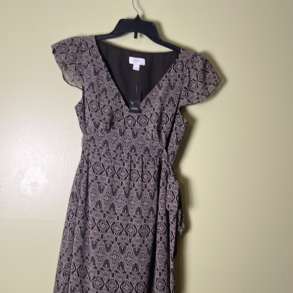 Ann Taylor LOFT brown and beige Wrap Midi Dress with Flutter Sleeves - Picture 2 of 6